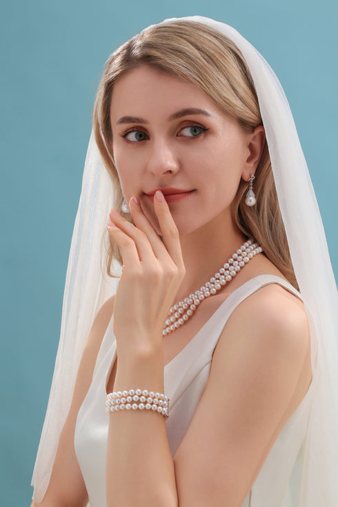 6-7mm Triple Strand Freshwater Pearls Bracelet Necklace Set(Purchase Individually) - House Of Pearls